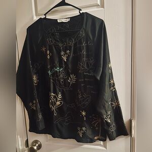 Johnny Was Calme Silk Embroidered Long Sleeve Top Black Celestial Floral XS